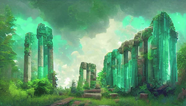 Render Colossal Abstract Sureals Emerald Stone Ruins —  Fotos de Stock