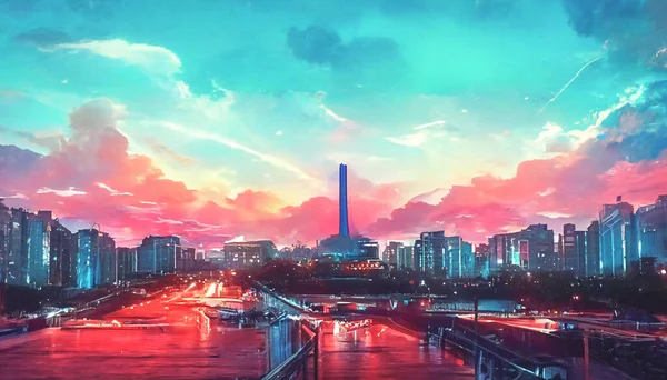 Beautiful Sky over the city of the future. Cityscape wallpapers HD