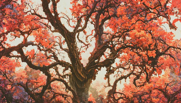 Render Extraordinarily Massive Oak Tree Leaves Color Crimson Beautiful Wallpaper — Stock fotografie