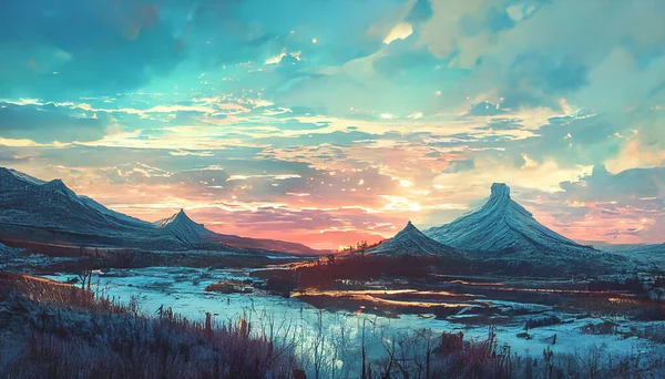 Render Land Enveloped Light Twilight Setting Sun Viewed Top Mountain — Stok fotoğraf