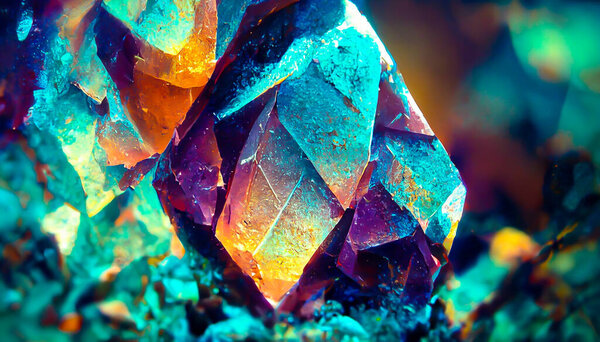 3D Render gemstone texture of the precious crystal background. Copy space. Colored shiny bokeh surface.