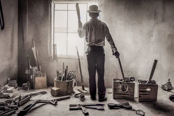 Render Attractive Man Work Clothes Holding Tools His Hands View — Stockfoto