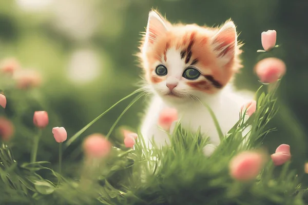 Render Cute Kitten Sitting Outdoors Nature Grass Observing Garden Selective — Stock Photo, Image