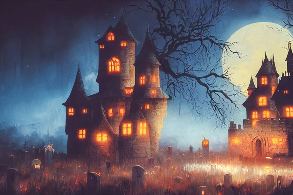 Illustration Horror Castle Background Graveyard Halloween Night Digital Art Background — Photo