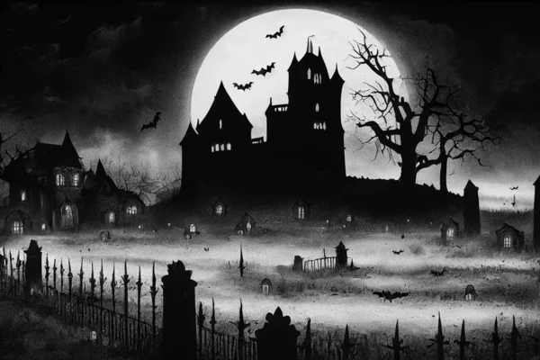 Illustration Horror Castle Background Graveyard Halloween Night Digital Art Background — ストック写真