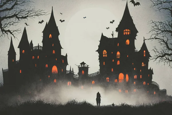 Illustration Horror Castle Background Graveyard Halloween Night Digital Art Background — Stock Fotó