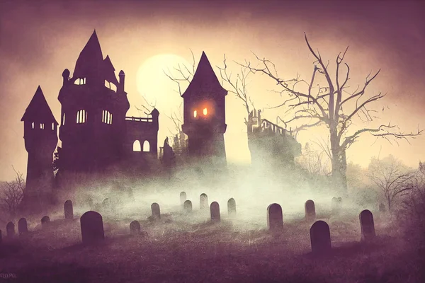 Illustration Horror Castle Background Graveyard Halloween Night Digital Art Background — Zdjęcie stockowe