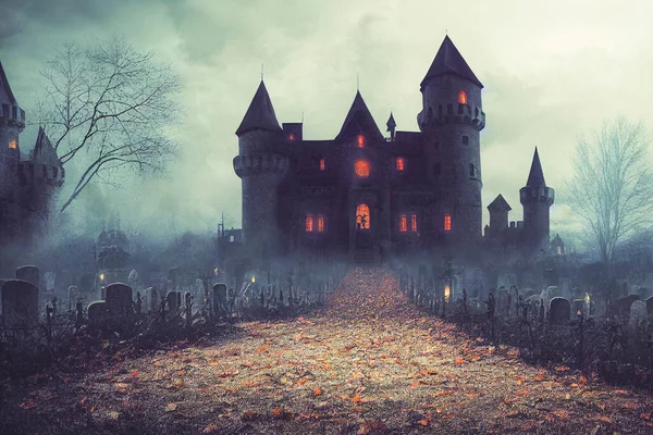 Illustration Horror Castle Background Graveyard Halloween Night Digital Art Background — Stock fotografie