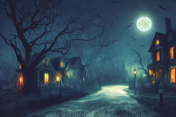 Illustration Halloween Concept Background Realistic Horror House Creepy Street Moonlight — Φωτογραφία Αρχείου
