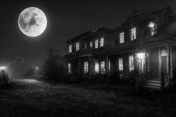 Illustration Halloween Concept Background Realistic Horror House Creepy Street Moonlight — Photo