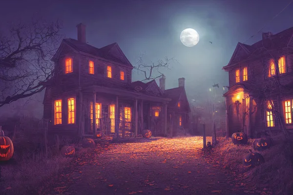 Illustration Halloween Concept Background Realistic Horror House Creepy Street Moonlight — Stock Fotó