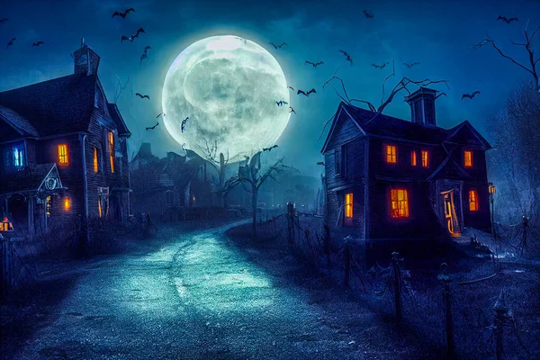 Иллюстрация Концепции Хэллоуина Фоне Реалистичного Дома Ужасов Жуткой Улицы Лунным — стоковое фото