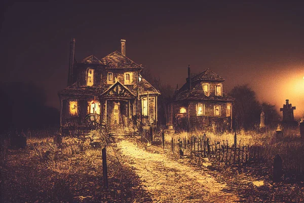 Illustration Halloween Concept Background Realistic Horror House Creepy Street Moonlight — Foto de Stock