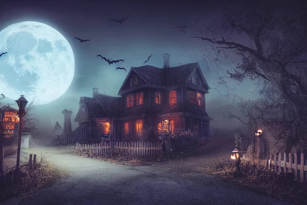 Illustration Halloween Concept Background Realistic Horror House Creepy Street Moonlight — 스톡 사진