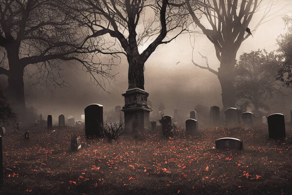 3D Render of Graveyard Cemetery In Spooky Dark Night for halloween concept. Scary Graveyard Wallpapers.