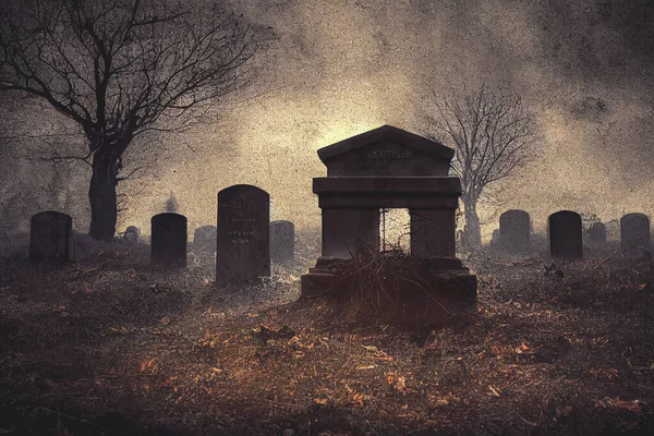 Render Graveyard Cemetery Spooky Dark Night Halloween Concept Scary Graveyard — Stock Photo, Image