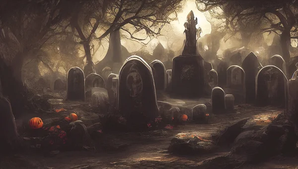 Render Graveyard Cemetery Spooky Dark Night Halloween Concept Scary Graveyard — Stockfoto