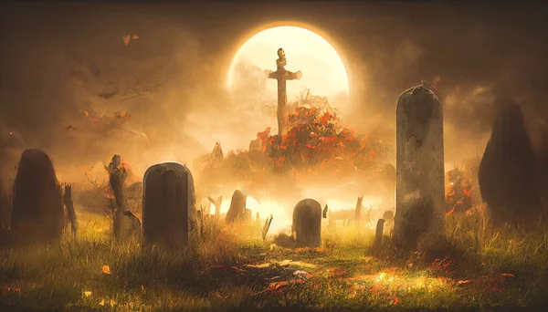 Render Graveyard Cemetery Spooky Dark Night Halloween Concept Scary Graveyard — Zdjęcie stockowe