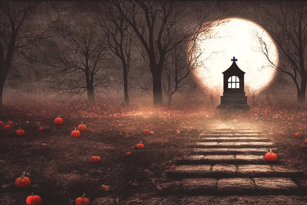 Render Graveyard Cemetery Spooky Dark Night Halloween Concept Scary Graveyard — 스톡 사진
