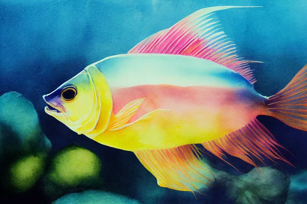 3D Render of Fish digital art painting. Watercolor Animals, pastel colors.