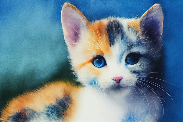 3D Render of Kitten digital art painting. Watercolor Animals, pastel colors.