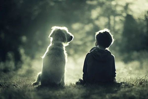 Render Boy His Dog Best Friends Beautifully Lit Bokeh — Φωτογραφία Αρχείου