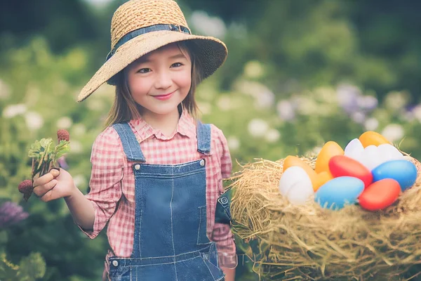 Render Cute Little Girl Peasant Dressed Overalls Checkered Shirt Straw — Fotografia de Stock