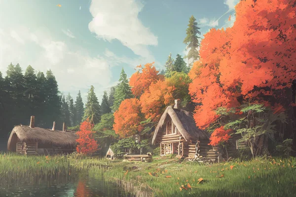 Render Digital Painting Cabin River Redwood Forest Autumn Wallpaper Theme — Stockfoto