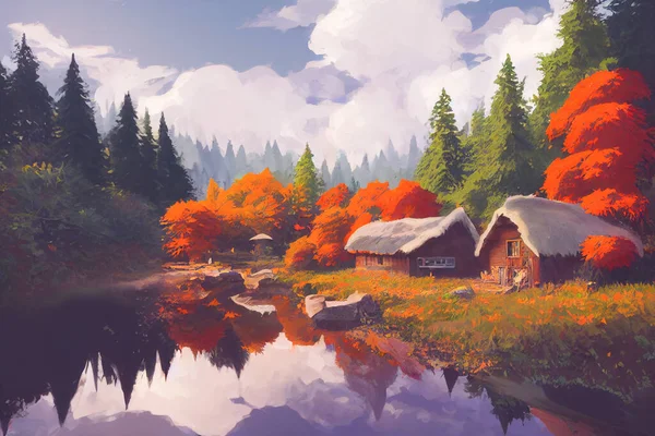 Render Digital Painting Cabin River Redwood Forest Autumn Wallpaper Theme — Stok fotoğraf