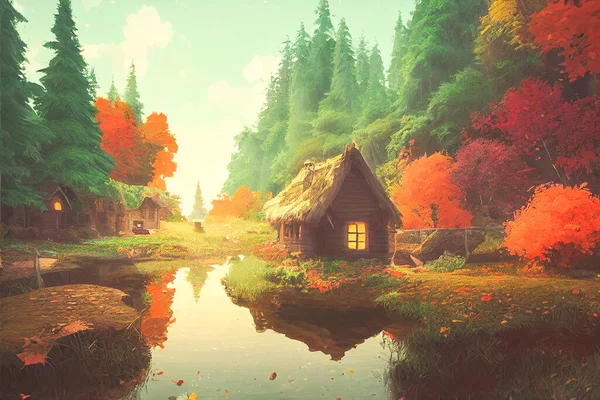 Render Digital Painting Cabin River Redwood Forest Autumn Wallpaper Theme — Stockfoto