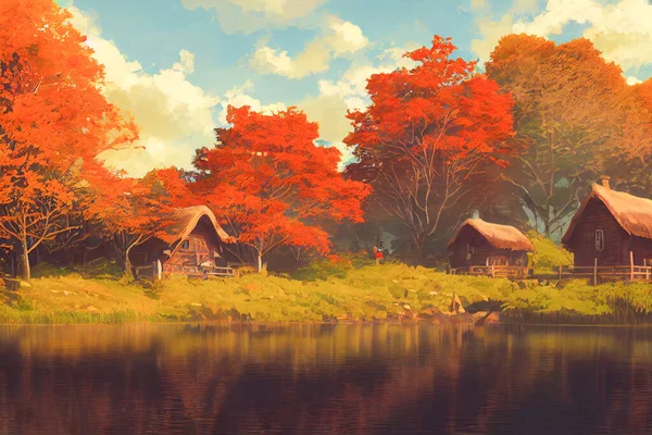 Render Digital Painting Cabin River Redwood Forest Autumn Wallpaper Theme — Stockfoto