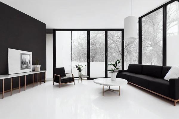 Moderna Sala Estar Con Muebles Lujo Blanco Suelo Mármol Brillante — Foto de Stock