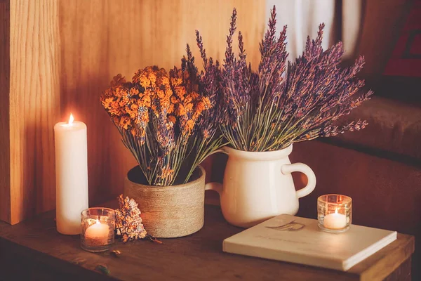 Render Autumn Hygge Home Decor Arrangement Concept Hygge Coziness Burning — Stock Photo, Image