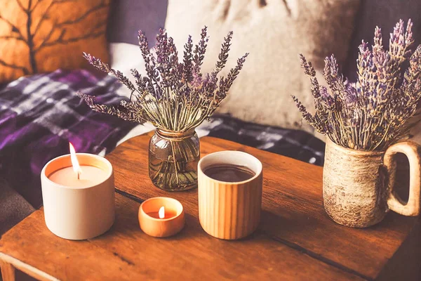 Renderização Outono Hygge Arranjo Home Decoração Conceito Hygge Aconchego Queimando — Fotografia de Stock