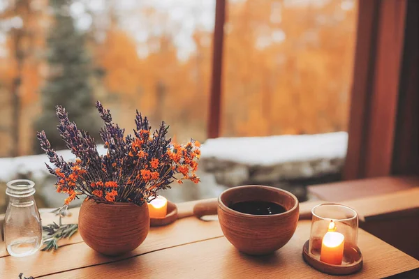 Render Autumn Hygge Home Decor Arrangement Concept Hygge Coziness Burning — Stock Photo, Image