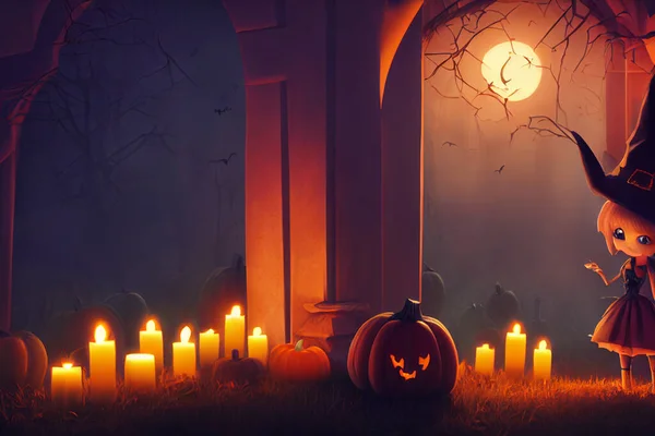 Renderowania Ducha Jako Słodkie Chibi Postać Cmentarzu Halloween Szczęśliwego Halloween — Zdjęcie stockowe