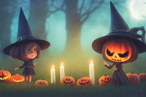 Render Ghost Cute Chibi Figure Graveyard Halloween Happy Halloween Wallpaper — Stock Photo, Image