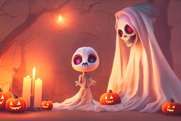 Renderizar Fantasma Como Uma Figura Chibi Bonito Cemitério Para Halloween — Fotografia de Stock