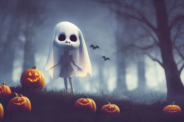 Render Ghost Cute Chibi Figure Graveyard Halloween Happy Halloween Wallpaper — Stock Photo, Image