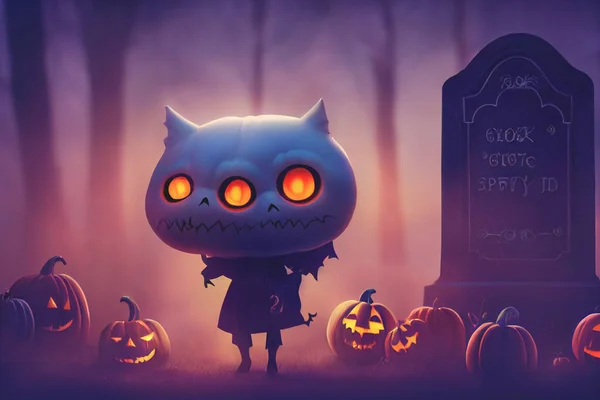 Render Ghost Cute Chibi Figure Graveyard Halloween Happy Halloween Wallpaper — Stock Photo, Image