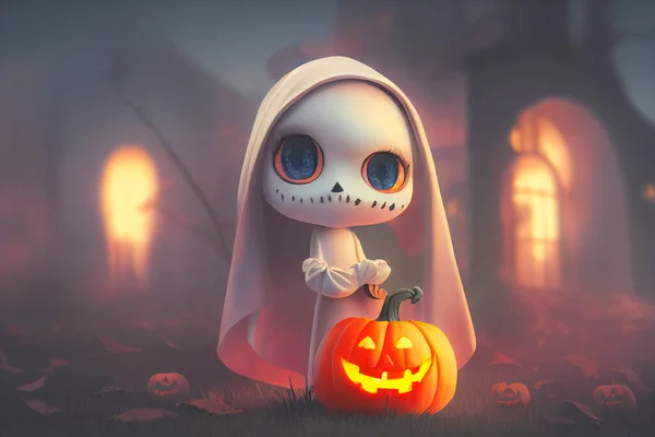 Render Ghost Cute Chibi Figure Graveyard Halloween Happy Halloween Wallpaper — Stock Photo, Image