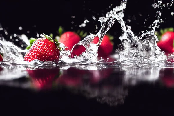 Illustrazione Rendering Fragole Spruzzi Acqua Isolato Sfondo Nero — Foto Stock