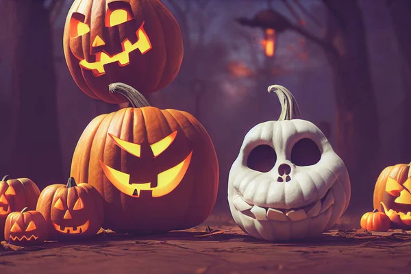 Halloween Háttér Csontvázak Karakter Sütőtök Illusztráció Díszíteni Egy Szórólap Poszter — Stock Fotó