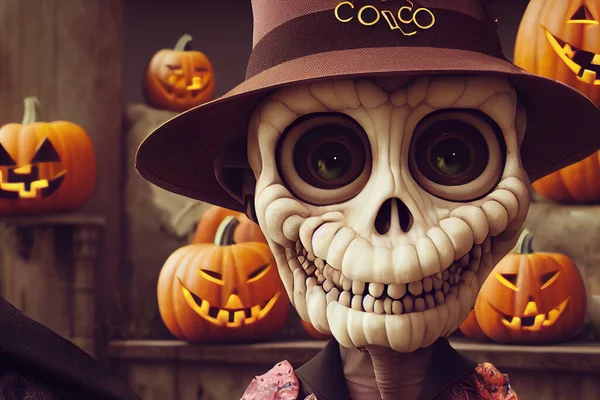 Halloween background with skeletons character and pumpkins. 3D illustration to decorate a flyer, poster, invitation or social media ad for Halloween.