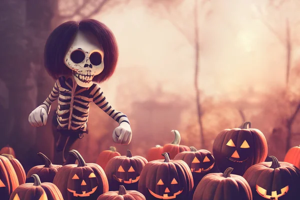 Fundo Halloween Com Esqueletos Caráter Abóboras Ilustração Para Decorar Folheto — Fotografia de Stock