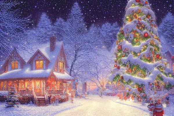 Ilustración Una Casa Del Árbol Navidad Con Adornos Luces Colores — Foto de Stock