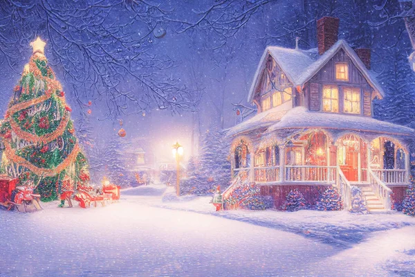 Illustration Eines Weihnachtsbaumhauses Mit Ornamenten Und Farbigen Lichtern Umgeben Von — Stockfoto