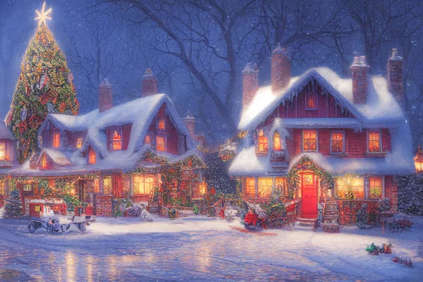 Kuva Joulukuusen Talo Koristeet Värilliset Valot Lumen Ympäröimänä Kaunis Taustakuva — kuvapankkivalokuva