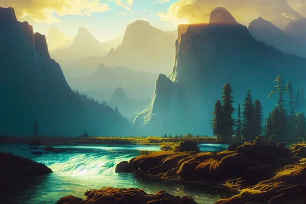 River Mountains Sunrise Vidsträckt Landskap Digital Konst Bakgrund Med Selektivt — Stockfoto