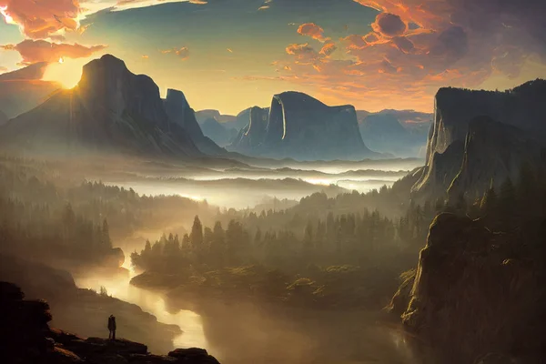 River Mountains Sunrise Vast Landscape Digitaler Kunsthintergrund Mit Selektivem Fokus — Stockfoto